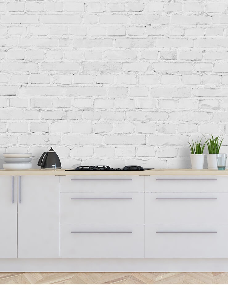 white brick wallpaper with in white kitchen