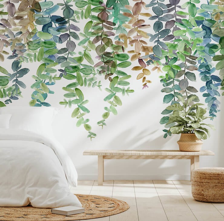 purple, blue and green hanging leaves wallpaper with white bed and green plant