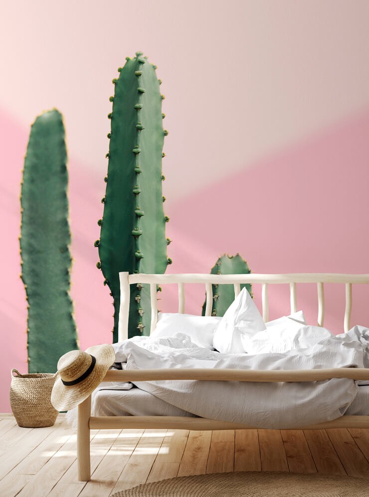 pink background and green cacti wallpaper in boho bedroom