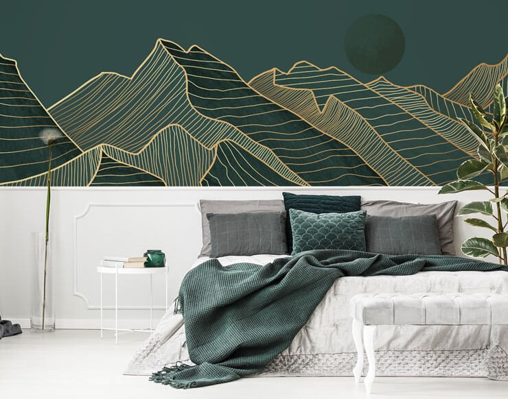 gold and dark green mountain wallpaper in white and green bedroom