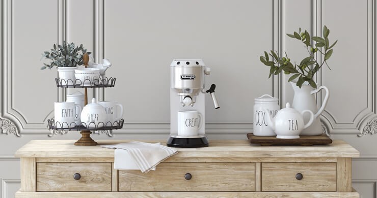 faux off-white panel wallpaper with coffee station