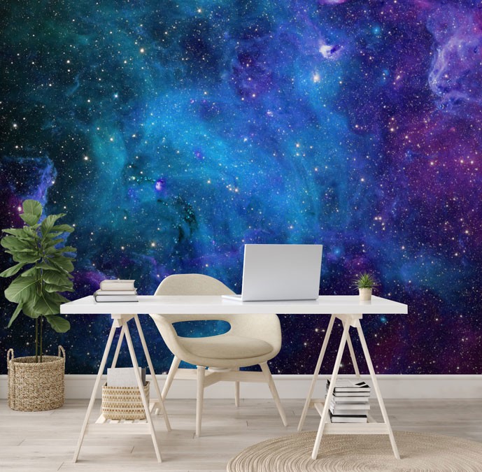purple and blue galaxy wallpaper in white office