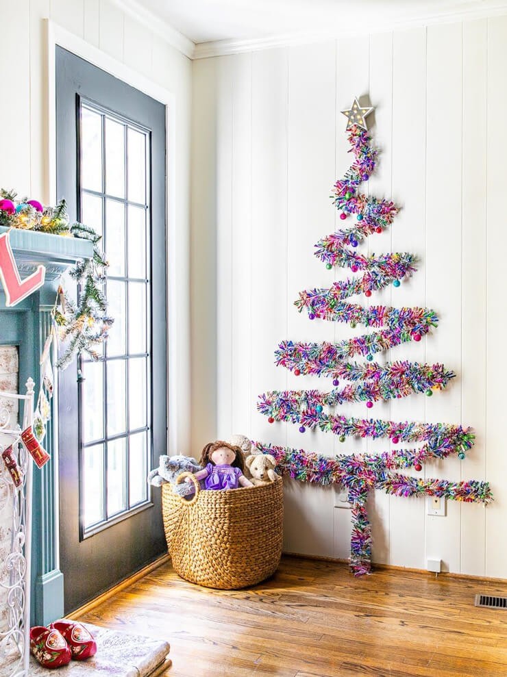 Christmas trees for small spaces made from purple tinsel