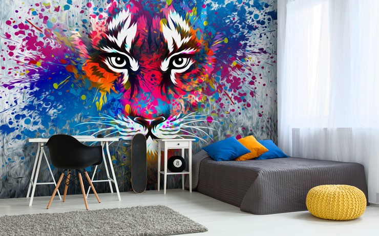 tiger graffiti wallpaper in older boy's bedroom