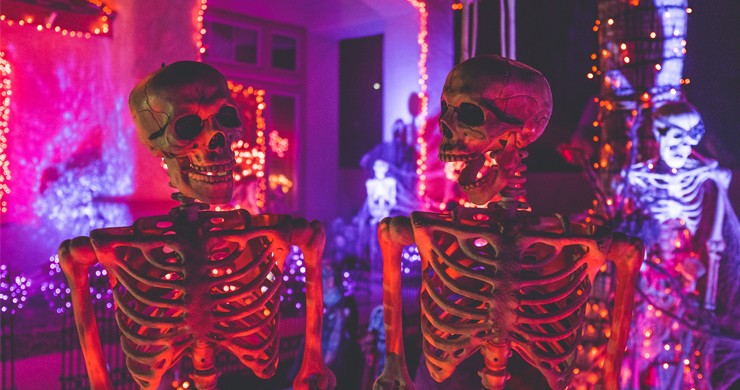 halloween decor ideas with two skeletons laughing with each other outside of a house