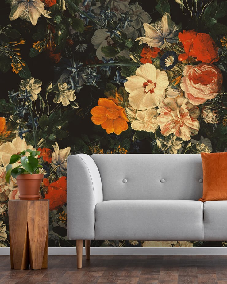 Dark vintage floral mural in living room