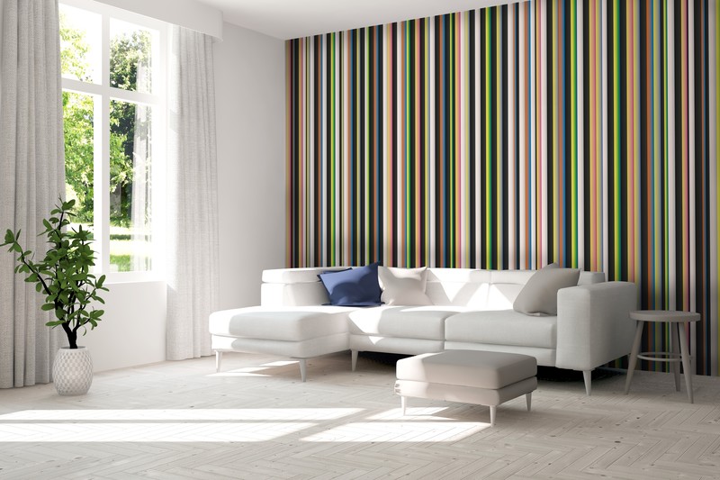 stripey wallpaper in white living room