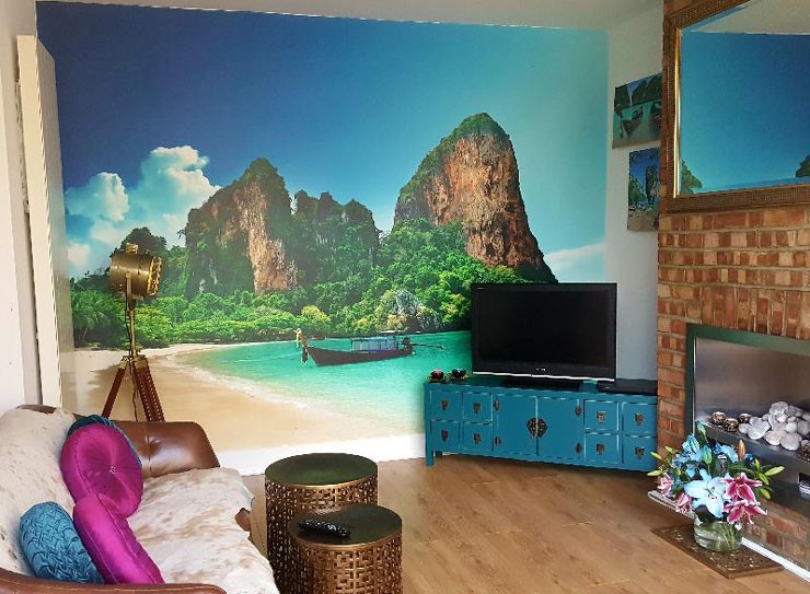 Thailand beach with white sands and vertical rock formations wallpaper in oriental styled lounge