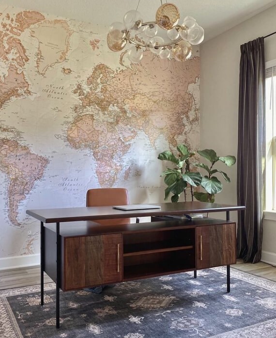 vintage style map wallpaper in mid century office