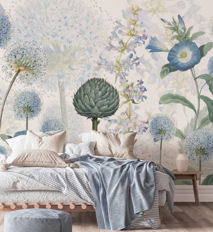 light blue and white floral wallpaper in bedroom with white and blue bed