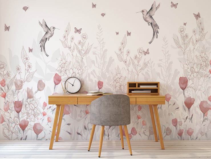 hummingbird and pink floral mural in modern home office