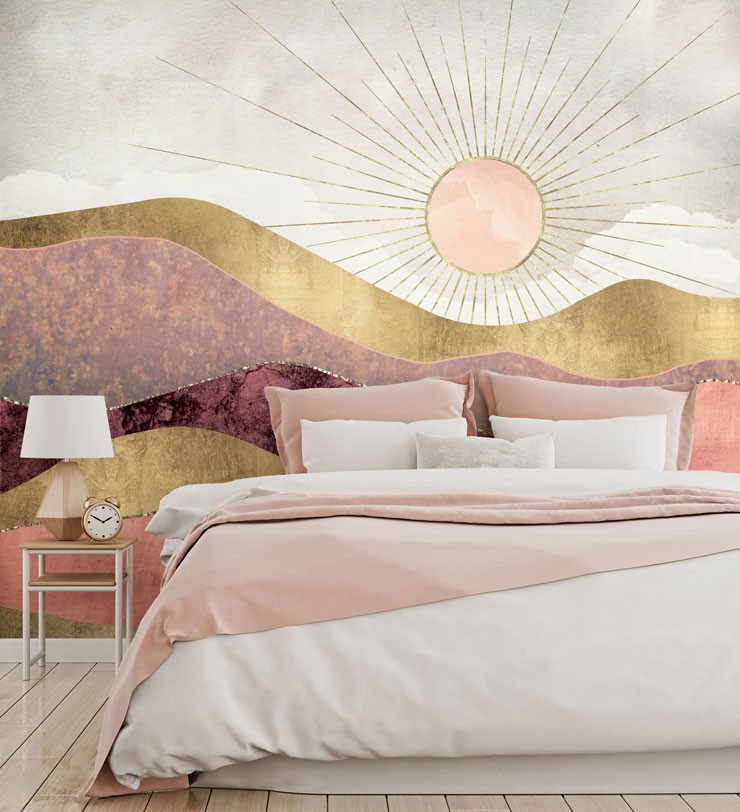 gold, rose gold and pink marble abstract hills wallpaper in pink and white bedroom