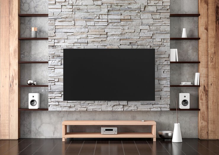 media wall ideas including faux stone wallpaper
