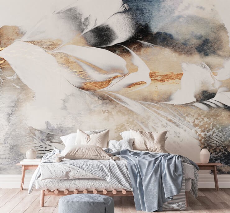 abstract painting with white, gold colour and inky black wallpaper in bedroom with light wood bed and white and grey bedding