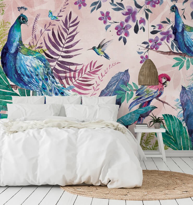 peacock and parrot tropical wallpaper in white, minimalist bedroom