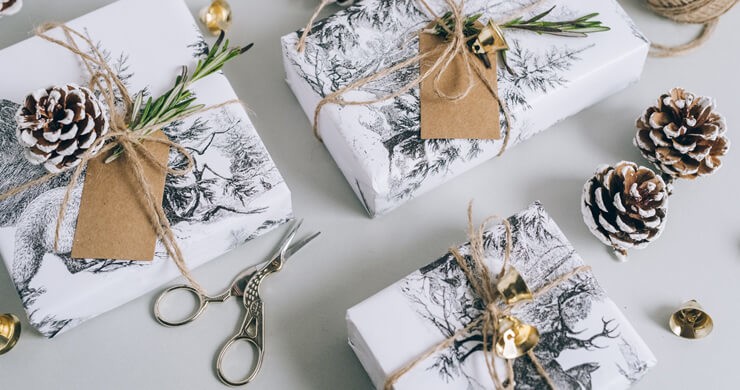 presents wrapped with pine cones