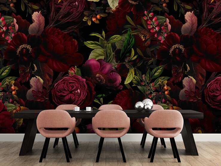 dark red floral wallpaper in pink dining room