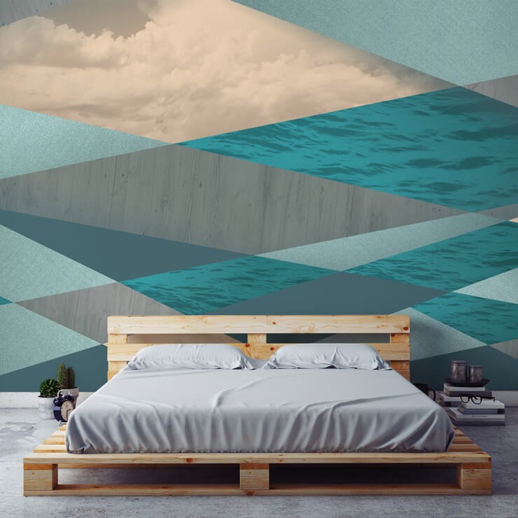 tones of green and off white abstract pattern wallpaper in bedroom with wood bed 