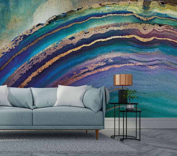 geode blue and purple wallpaper in modern lounge
