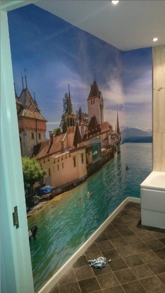 old town by lake wallpaper in customer home