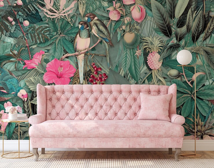 Tropical wallpaper in living room with pink sofa