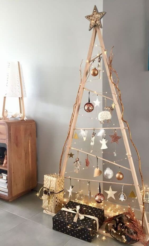 Wooden Christmas tree idea with rose gold and white baubles for Christmas trees for small spaces ideas