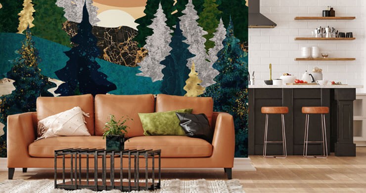 abstract forest and fox wall mural in open plan apartment
