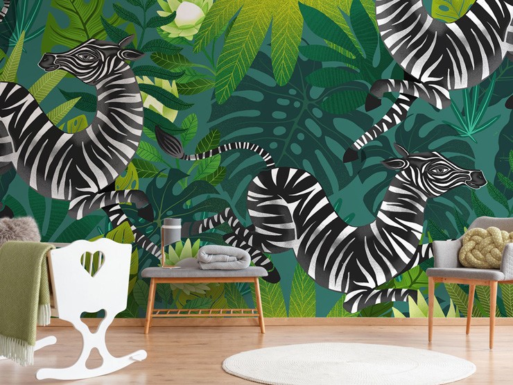 Zebra with leaf print mural in nursery by Michael Zindell