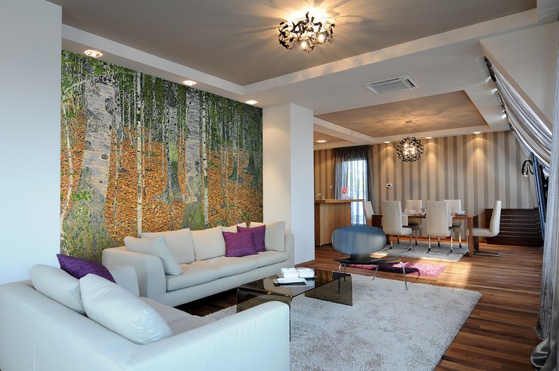 birch wood artwork by klimt wallpaper in open plan home