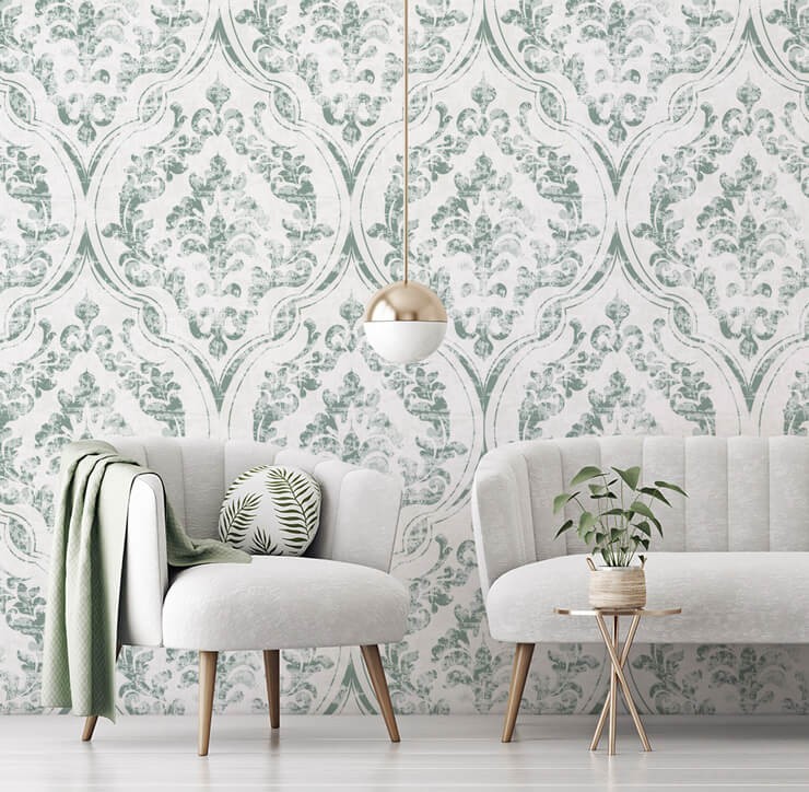 simple living room with sage green and off white colour scheme