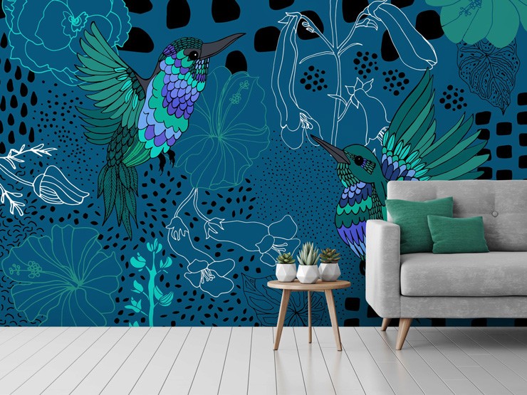 blue bird mural in living room by Yani Mengoni