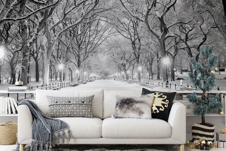 black and white photo of snowy park wallpaper in christmas grey living room