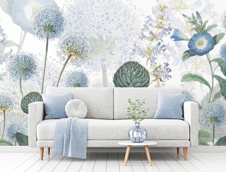 Colour Trends 2022 pastel blue floral wallpaper in blue living room