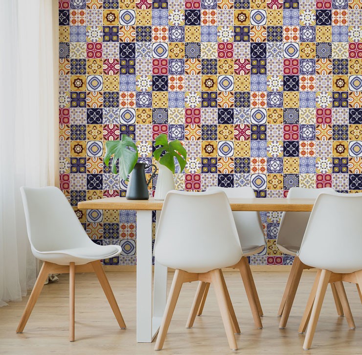 mustard and eclectic colour patterned tiles in minimalist dining room