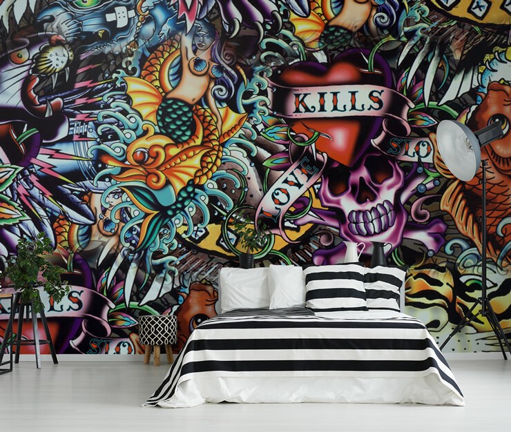 heart, skull and fish tattoo wallpaper in stripy black and white bedroom