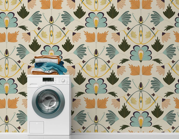 orange, teal floral wallpaper in antique style in simple laundry room