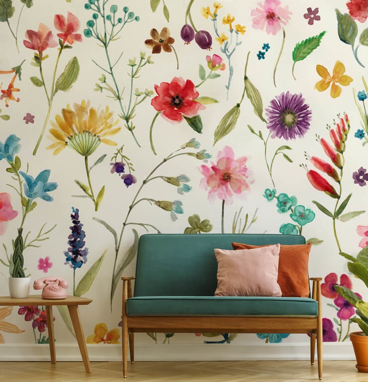 multi-coloured floral wallpaper in green and orange living room