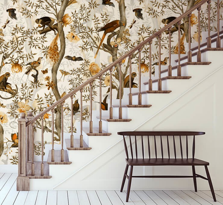 orange and brown chinoiserie floral wallpaper on staircase