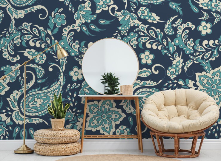 blue and white paisley wallpaper in boho dressing room
