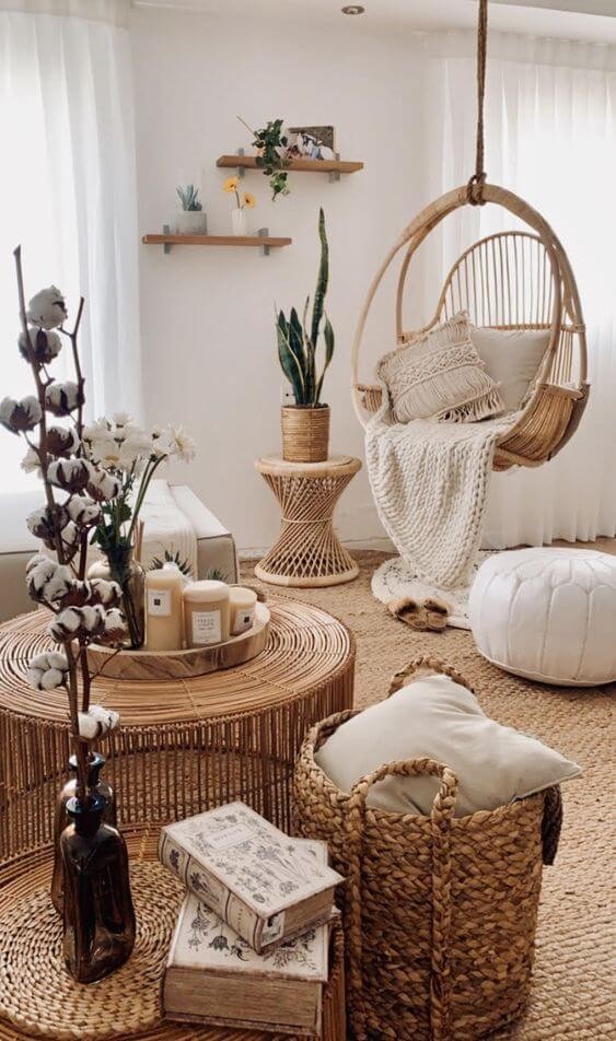 Neutral living room filled with rattan furniture