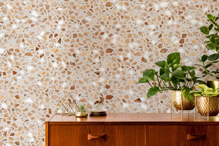terrazzo wallpaper behind side table