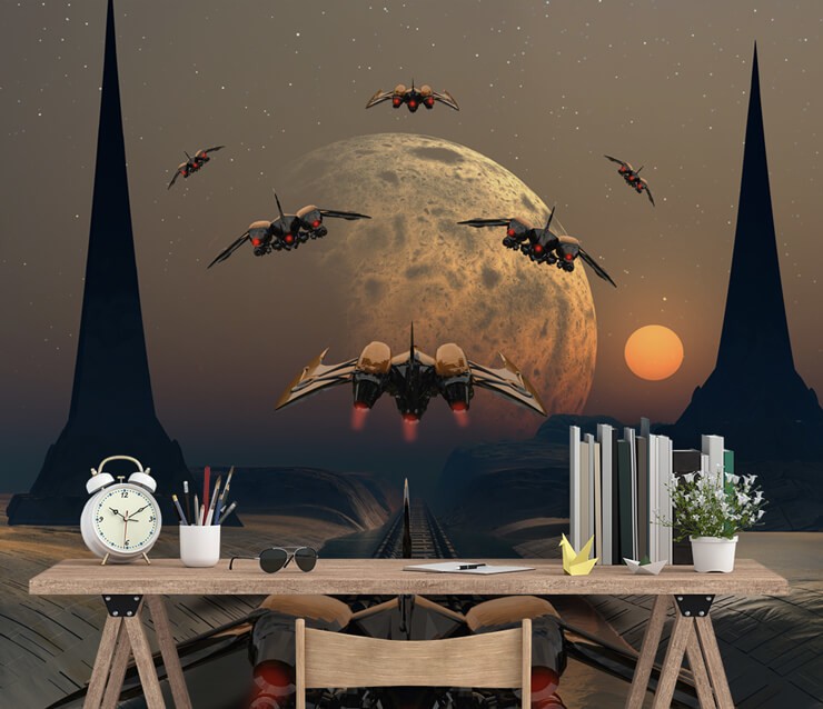 alien space ships across sunset sky wallpaper in trendy office room