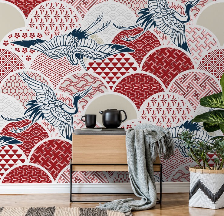 red, black and white crane japanese wallpaper in oriental room