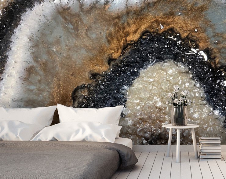 geode crystal wallpaper in modern master bedroom