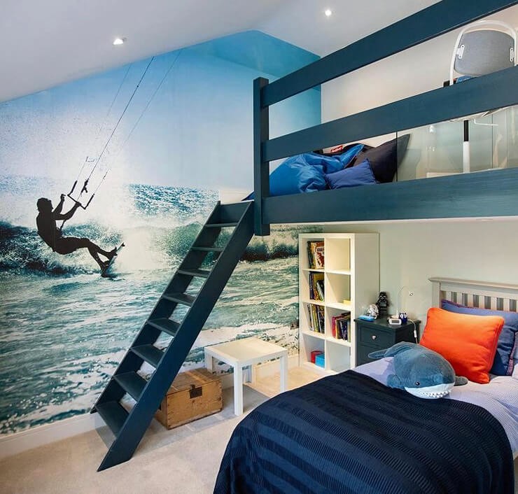 photo of person kite surfing wallpaper in kids bedroom with bunk beds