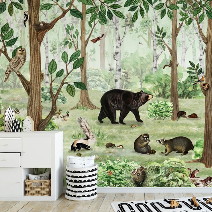 kids animal forest wallpaper in white nursery
