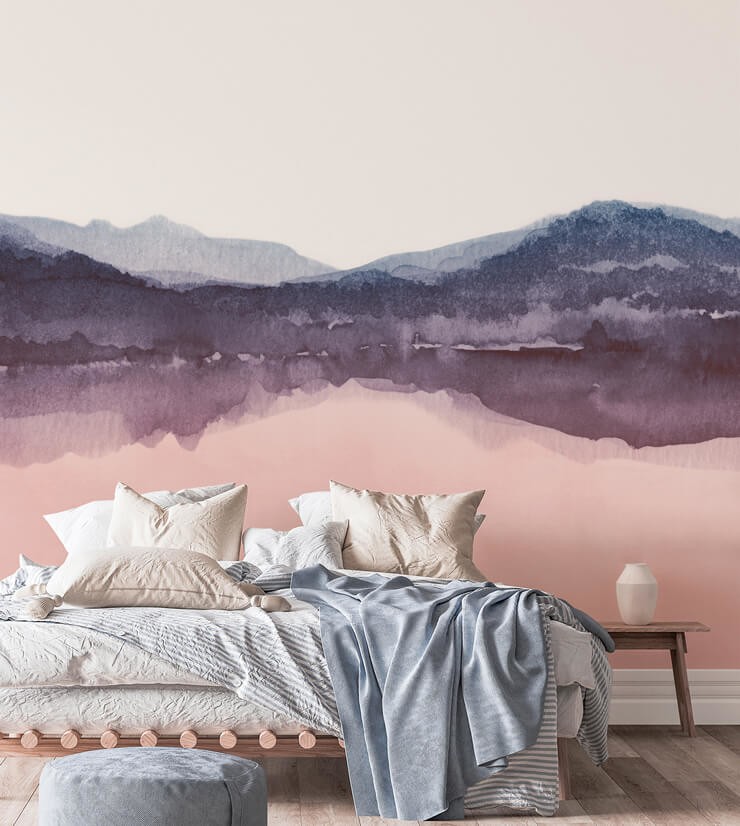 watercolour pink and purple landscape wallpaper in minimalist bedroom with stick on wallpaper