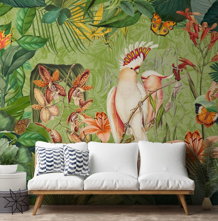 botanical wallpaper trend in living room