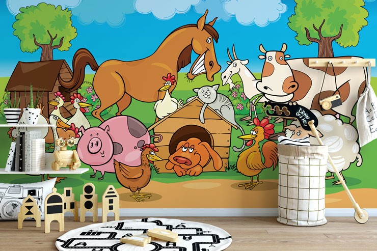 cartoon farm animals wallpaper in modern child's bedroom