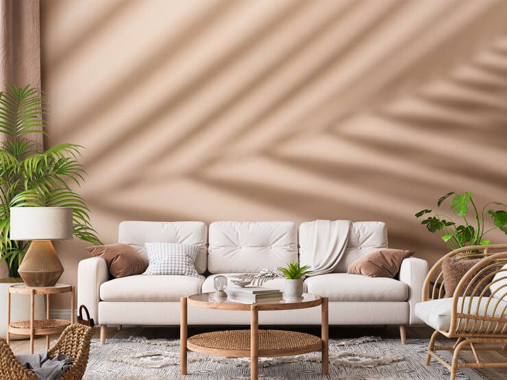 beige leaf print wallpaper in boho living room